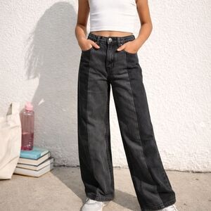 Old Navy Black Two Tone Panel Wide Leg Jeans 10 High Rise Baggy Colorblock Stree